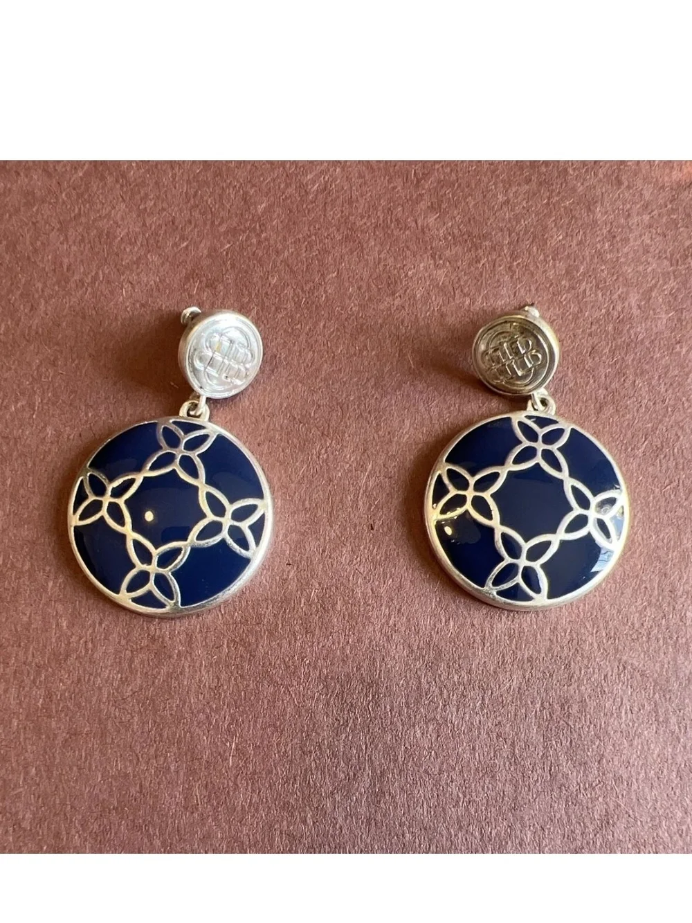 Elegant Navy Enamel Drop Earrings with Silver Overlay